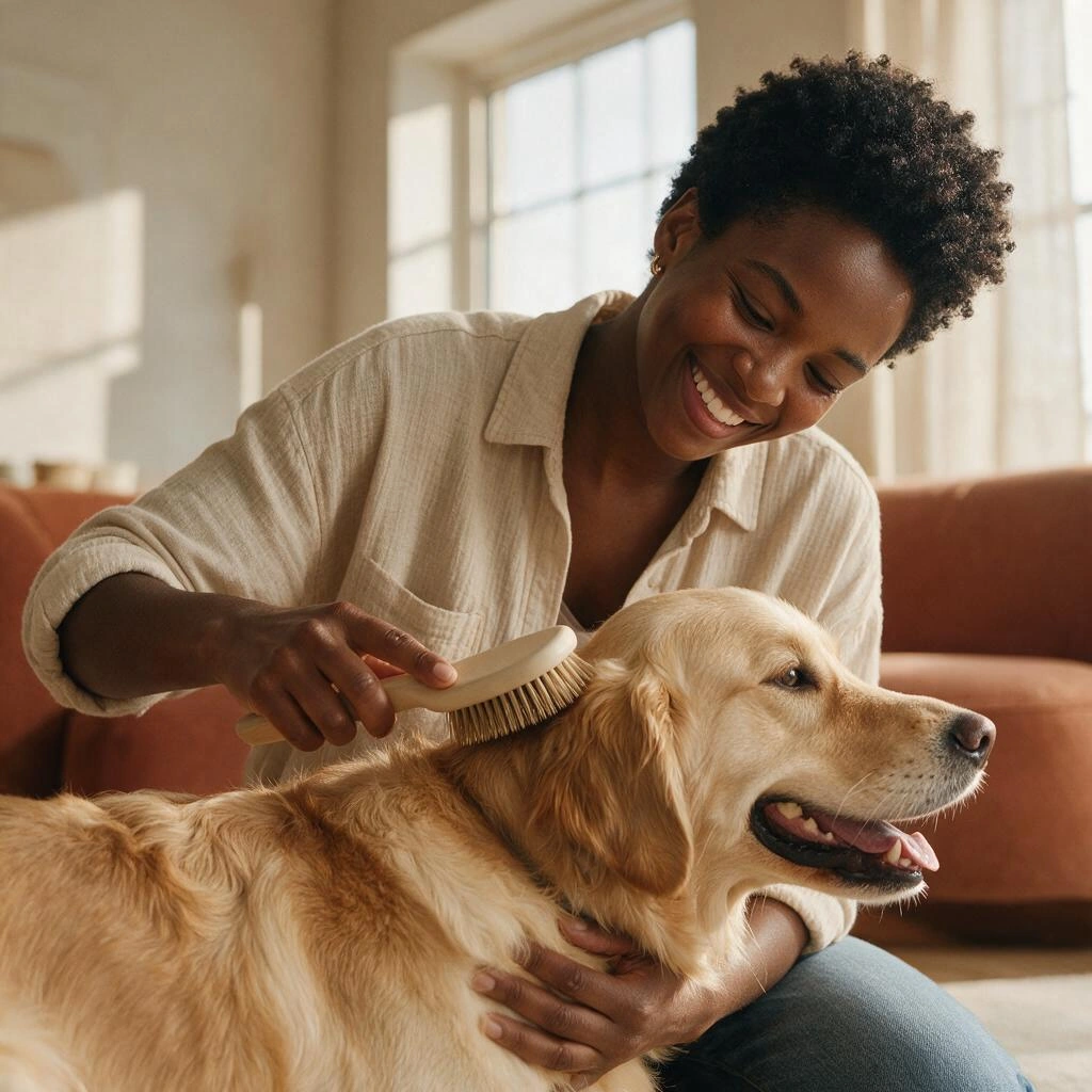 Pet owner gently brushing a golden retriever at home
