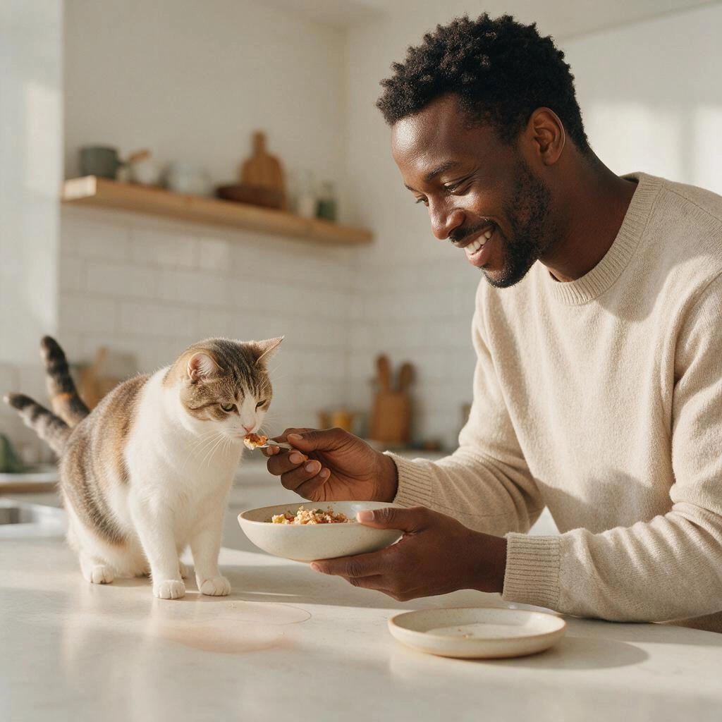 Pet owner serving food to a calm cat in a bright kitchen