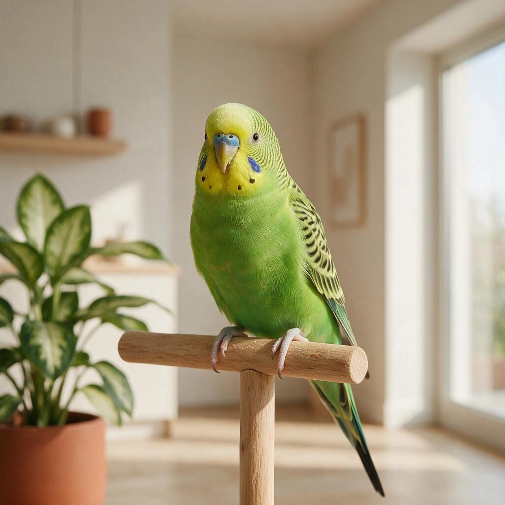 Bright green parakeet perched safely beside a houseplant