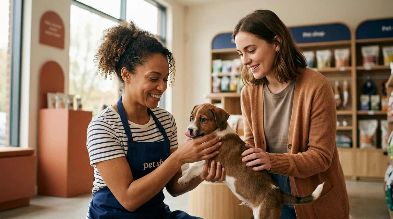 A welcoming pet care specialist gently holding a friendly puppy while offering helpful guidance to a pet owner. Communicate accessible, friendly advice and reassurance for pet owners seeking personalized daily care guidance.
