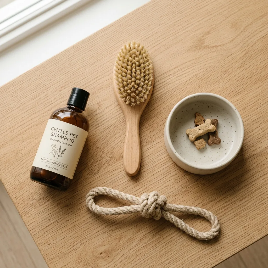Curated arrangement of pet-care essentials including a stainless steel bowl, natural bristle brush, organic grooming bar, and durable woven toy. Illustrate everyday pet care quality and thoughtful curation through high-grade grooming, feeding, and wellness supplies.