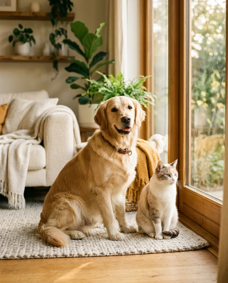 A happy golden retriever and a calm domestic cat resting together comfortably by a modern sunny windowsill. Anchor the emotional bond of pet care immediately with a joyful, healthy dog and cat enjoying a clean, sunlit living space.